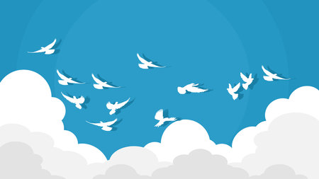 flock of flying birds. migrating birds on a blue background with clouds vectorのイラスト素材