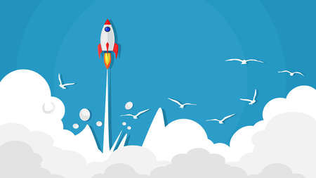 rocket flying over cloud. beautiful scenery. vector illustrationのイラスト素材