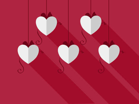 Happy valentines day with hanging hearts and ribbons on red backgroundのイラスト素材