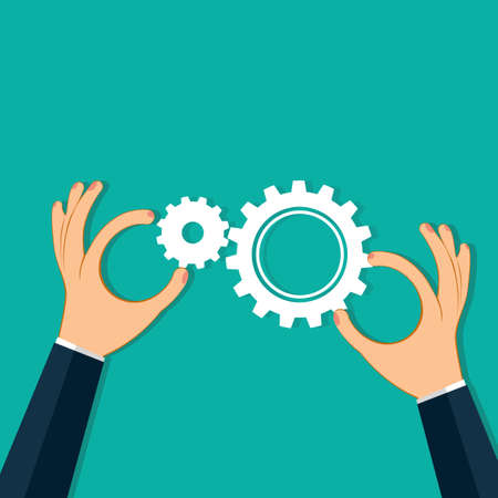 hands of businessmen connect gears to a puzzle. Business concept vectorのイラスト素材