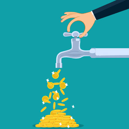 The businessman opened the water tap to let the gold coins flow out of the cash flowのイラスト素材