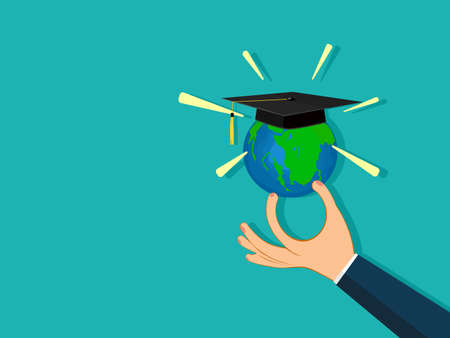 The hand holds the world with the graduation cap. Education concept epsのイラスト素材