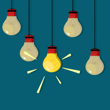 Set of hanging light bulbs with one glowing. concept of ideaのイラスト素材