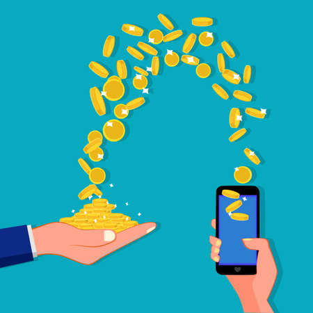 Smartphones and flying coins. The concept of earning money online with a smartphoneのイラスト素材