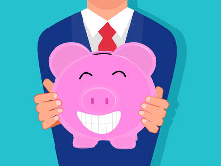 A businessman holding a piggy bank is happy. Isolated on the background. Vector illustrationのイラスト素材