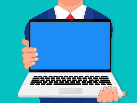 Businessman holding a laptop isolate on the background. Space for your messageのイラスト素材