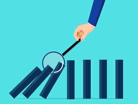 A businessman uses a magnifying glass to watch the domino fall. Risk analysis conceptのイラスト素材