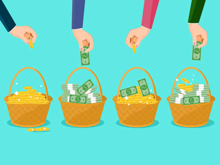 Businessmen divide the money into the basket. Concept of investment risk distributionのイラスト素材