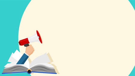 Businessman holding a megaphone on a book page. The concept of publishing through the press vectorのイラスト素材