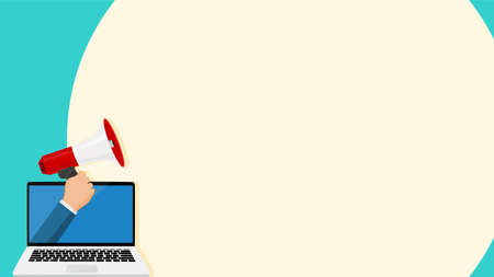 Businessman holding a megaphone on a laptop screen. online publishing conceptのイラスト素材