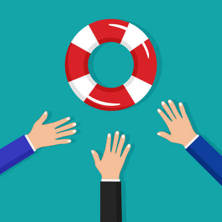 Human hand and lifebuoy. A life saving or business survival idea. help vector illustrationのイラスト素材