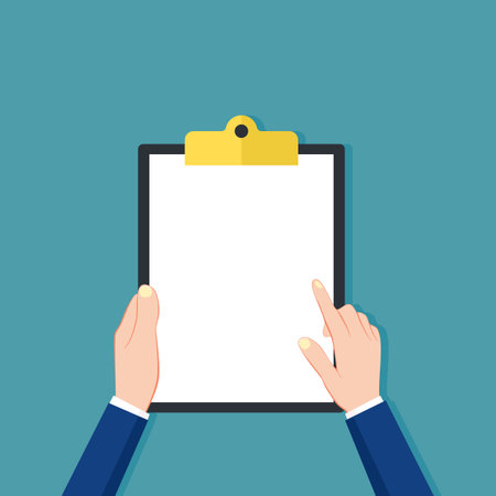 Businessman holding a clipboard. Work concept and check. business concept vector illustrationのイラスト素材
