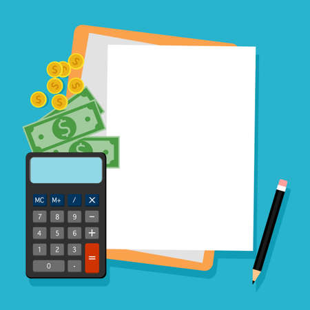 Financial statement paper. Calculator with cash and pencil. vector illustrationのイラスト素材