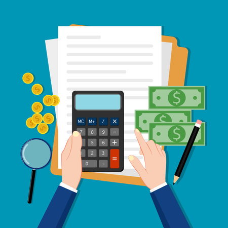 A businessman checks his finances. Calculator with cash and pencil. vector illustrationのイラスト素材
