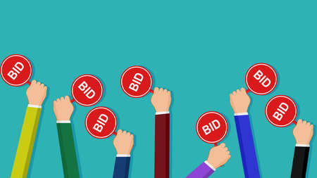 Hands holding up a sign to bid for the purchase price. Auction concept. vector illustration. business conceptのイラスト素材