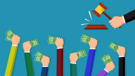 Hand holding banknotes. auction concept vector illustration. business conceptのイラスト素材