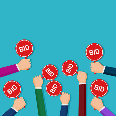 Hands holding up a sign to bid for the purchase price. Auction concept. vector illustration. business conceptのイラスト素材