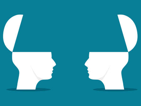 Two heads. Sharing ideas between two heads. brainstorming vector illustration