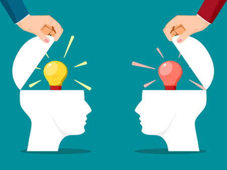 Turn on two people brains with different colored light bulbs. different creative ideas. vector...