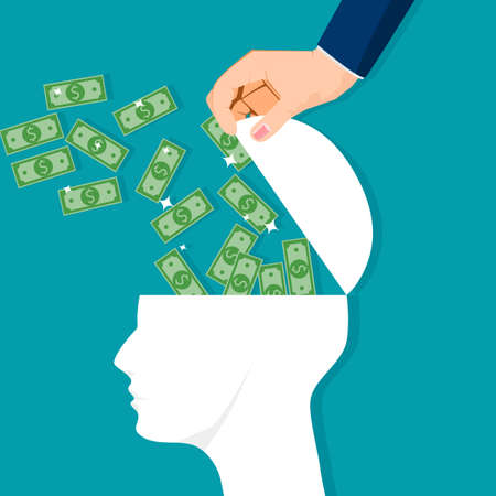 The human brain opens with bills flying out. Success concept. vector illustration. business conceptのイラスト素材