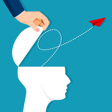 A paper plane flew out of a human head. leadership style. vector illustration. business conceptのイラスト素材