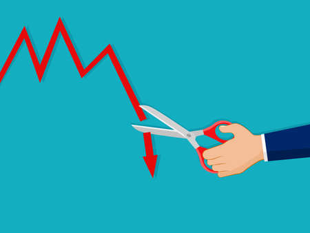 A businessman uses scissors to cut a downward graph. The concept of cutting losses. finance concept