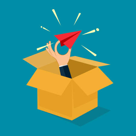 Businessman holds a paper plane flying out of the box. Out of the box concept. vector illustration