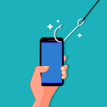 Smartphone in hand and hook in hand. Fraudsters steal personal information. Fishing Rod Stealing Phone Dataのイラスト素材
