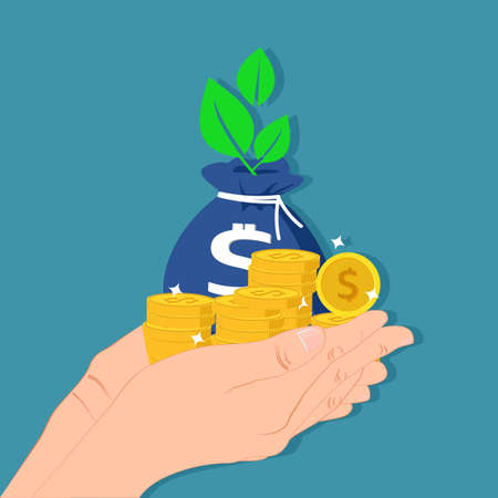 A human hand holds a growing money tree. Growing Investment and Finance Business Ideas. vector illustrationのイラスト素材