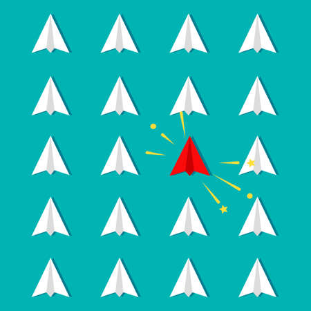 The red paper planes differs from the group. difference concept. paper planes vector illustration