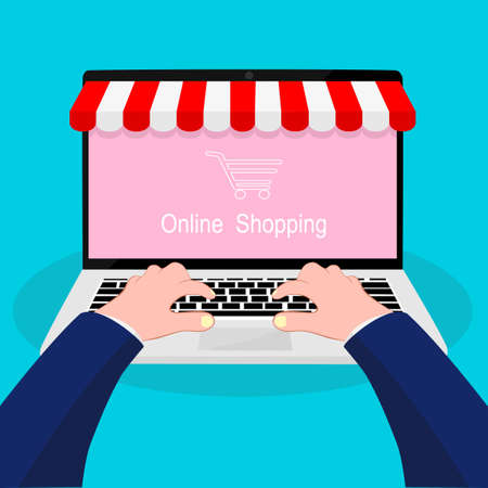 Online shopping website through the laptop. easy to use ecommerce website store and digital payment gateway.Online shopping vectorのイラスト素材