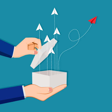 A businessman opens a box containing a paper plane. The concept opens up new opportunities for success. vectorのイラスト素材