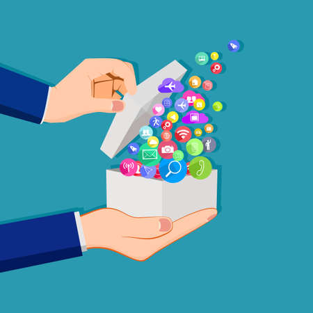 A communication icon bubble floats out of the box. concept of communication or online. vectorのイラスト素材