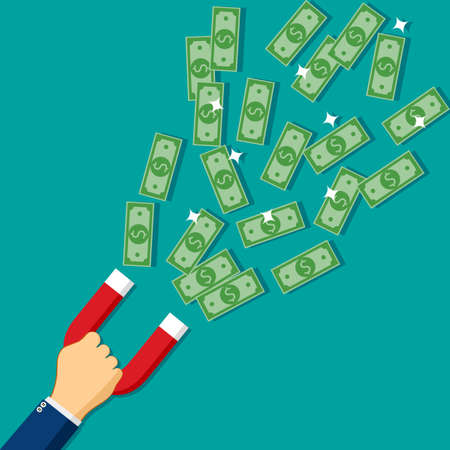 A businessman holds a magnet to attract banknotes. investment attraction concept. vectorのイラスト素材