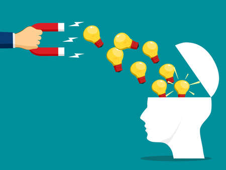 A magnet attracts ideas from the human head. creative concept. attracts vectorのイラスト素材