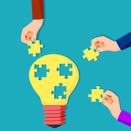 light bulb puzzle and human hand. concept of creative teamwork. vector illstration