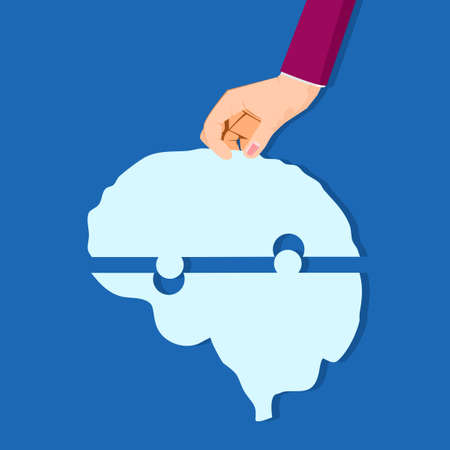 A businessman assembles a brain puzzle. connect thoughts in the brain. vector