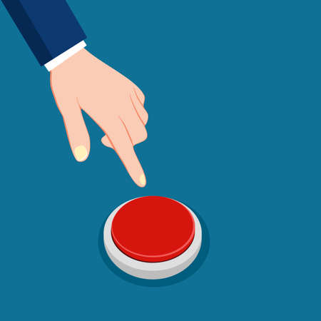 The hand is about to press a separate red warning button on the background. activation concept....