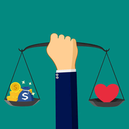Businessman holding a weighing scale with a bag of coins and a red heart. value of love vectorのイラスト素材