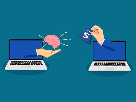 Hold money to buy your brain. thinking brain. business concept. vector illustrationのイラスト素材