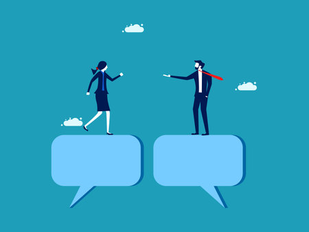 Communicate about work. Concept discussion. business men and women chatting on chat speech bubblesのイラスト素材