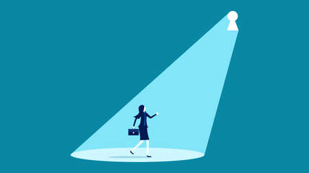 Business woman looking at the keyhole. Bright landscape concept. Light of opportunity. new business opportunity. vectorのイラスト素材