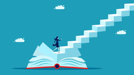Invest in knowledge. Knowledge creates success. businesswoman on a book with stairs. business conceptのイラスト素材