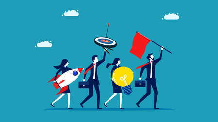 Start a new company. Businessman holding a red flag. Holding a rocket. Light bulb concept and target plan. entrepreneurship. vectorのイラスト素材
