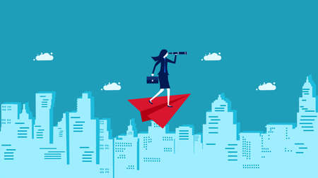 Looking for a business. A business woman binoculars on a paper plane. business concept vector illustrationのイラスト素材