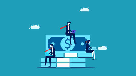Money and work. Businessman working on piles of money. business concept vector illustrationのイラスト素材