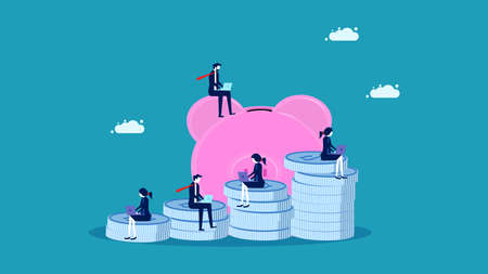 Investment and savings. Investment management to grow. Pile of silver coins with piggy banks vectorのイラスト素材