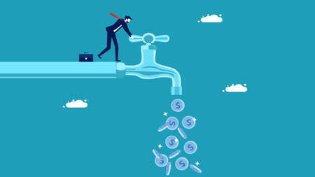 Create a cash flow. A businessman opens a tap with money flowing out. business concept vector illustration epsのイラスト素材