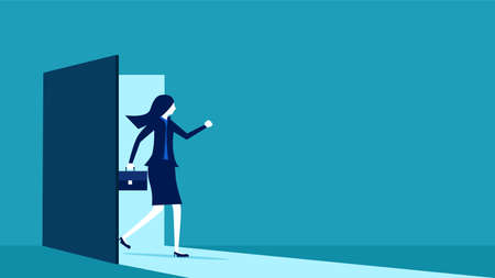 New employees enter the workforce. business woman opens the door to enter. business concept vector illustration epsのイラスト素材