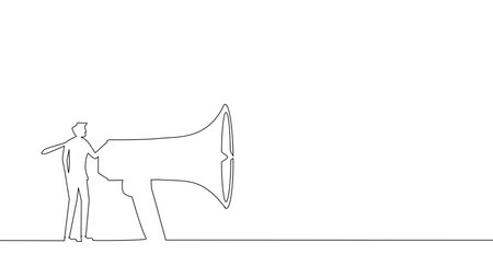 Public Relations and Communication Promotion Department. Businessman talking through a megaphone. continuous line drawing business conceptのイラスト素材